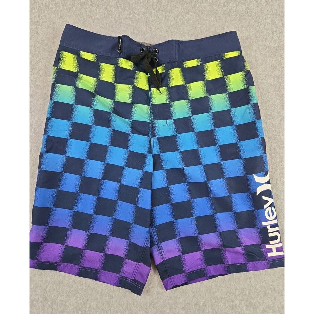 Hurley Board Shorts Boys Size 12 Swimming Trunks Checkered Logo Bathing Suit NEW